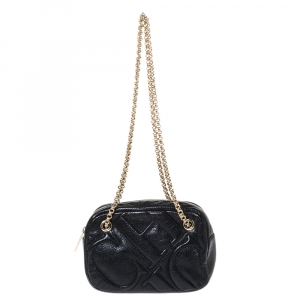 Pre Owned Carolina Herrera Black Leather Embossed Logo Camera Bag