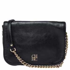 Pre Owned Carolina Herrera Black Leather Flap Shoulder Bag