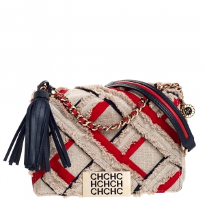 Pre Owned Carolina Herrera Beige/Red Fabric and Leather Embellished Shoulder Bag