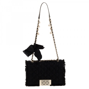 Pre Owned Carolina Herrera Black Tweed and Fabric Faux Pearl Embellished Shoulder Bag