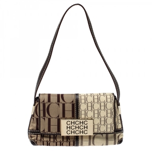 Pre Owned CH Carolina Herrera Brown/White Canvas Small Shoulder Bag
