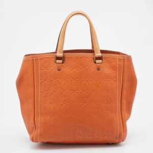 Pre Owned CH Carolina Herrera Orange Monogram Embossed Leather Andy Tote