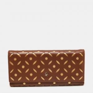 Pre Owned CH Carolina Herrera Brown/Gold Laser Cut Leather Long Trifold Wallet