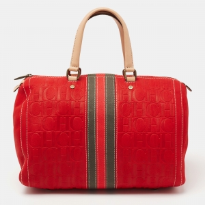 Pre Owned CH Carolina Herrera Red Monogram Embossed Leather Andy Boston Bag