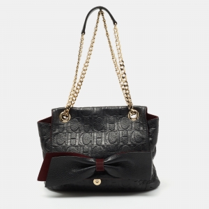 Pre Owned CH Carolina Herrera Black Monogram Leather Audrey Shoulder Bag