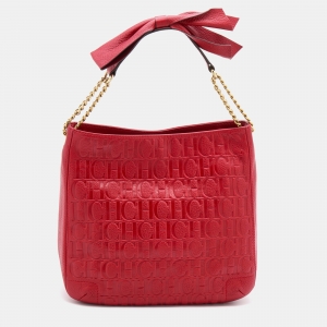 Pre Owned CH Carolina Herrera Red Monogram Embossed Leather Chain Bow Hobo