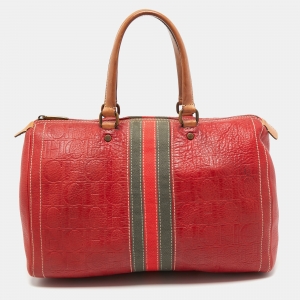 CH Carolina Herrera Red Monogram Leather Andy Boston Bag