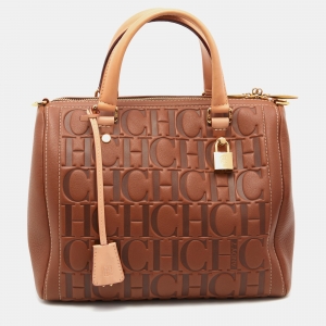 Pre Owned CH Carolina Herrera Brown Monogram Embossed Leather Andy Boston Bag