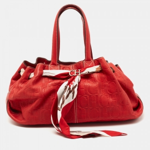 Pre Owned CH Carolina Herrera Red Monogram Embossed Leather Scarf Hobo