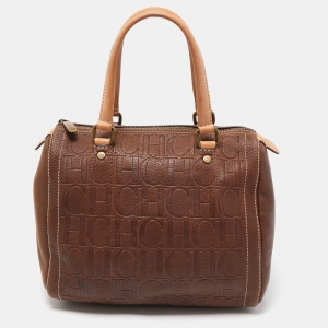 Pre Owned CH Carolina Herrera Brown Monogram Embossed Leather Andy Tote