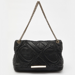 Pre Owned CH Carolina Herrera Black CH Embossed Leather Flap Chain Shoulder Bag