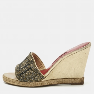 Pre Owned CH Carolina Herrera Metallic Glitter and Leather  Wedge Espadrille Sandals Size 37