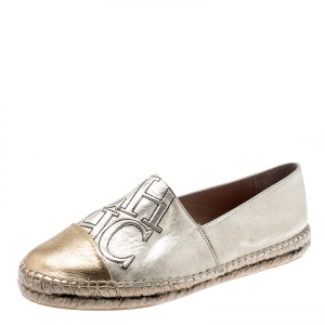 Pre Owned CH Carolina Herrera Metallic Gold Leather Espadrilles Size 38
