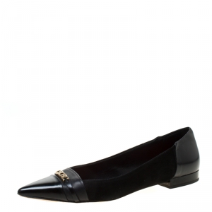 Pre Owned Carolina Herrera Black Leather Pointed Ballet Flats Size 37