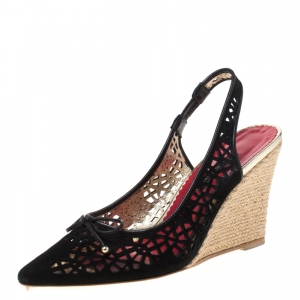 Pre Owned Carolina Herrera Black Lazer Cut Suede Bow Wedge Slingback Sandals Size 37