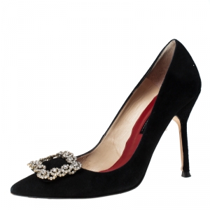 Pre Owned Carolina Herrera Black Suede Crystal Embellished Pointed Toe Pumps Size 37