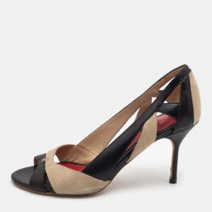 Pre Owned CH Carolina Herrera Black/Beige Leather and Suede Cut-Out Open-Toe Pumps Size 37