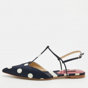 Pre Owned CH Carolina Herrera Navy Blue/White Polka Dot Satin T Strap Sandals Size 40