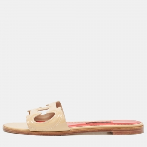 Pre Owned CH Carolina Herrera Beige Patent Leather Initials Insignia Flat Slides Size 39