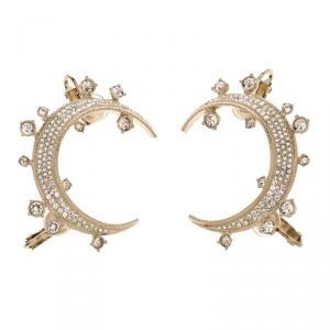 Pre Owned Chanel CC Crystal Gold Tone Moon Clip On Cuff Earrings