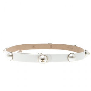 Pre Owned Chanel White Leather Pearl Embellished Belt 75cm
