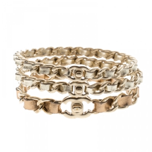 Pre Owned Chanel CC Turnlock Metallic Leather Woven Gold Tone Chain Bangle Set of 3 Bracelet M