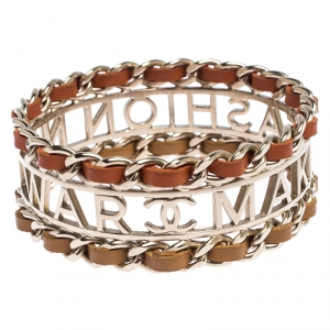 Pre Owned Chanel Make Fashion Not War Leather Gold Tone Wide Bangle Bracelet 