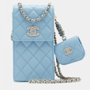 Chanel Light Blue Caviar Quilted Leather Crystal CC Flap Chain Phone Case