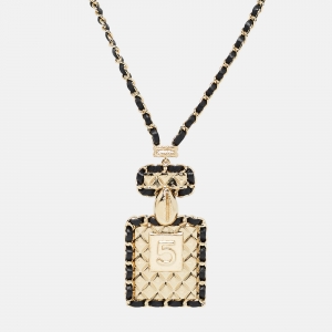 Chanel Gold Tone Leather Interlaced No.5 Perfume Bottle Pendant Necklace