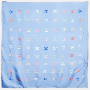 Pre Owned Chanel Blue CC Logo Print Silk Square Scarf