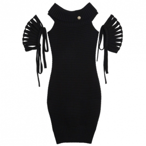 Chanel Black Textured Chevron Wool Dress M