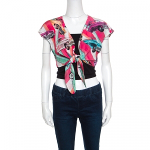 Chanel Multicolor Car Printed Silk Tie Front Cropped Top S