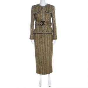 Chanel Yellow and Grey Fantasy Tweed Belted Blazer and Dress Set M
