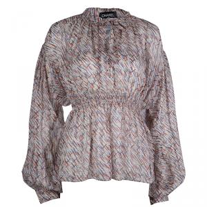 Chanel Multicolor Printed Smocked Waist Long Sleeve Silk Blouse M