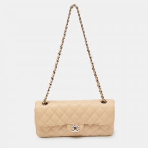 Pre Owned Chanel Beige Quilted Caviar Leather Classic East West Flap Bag