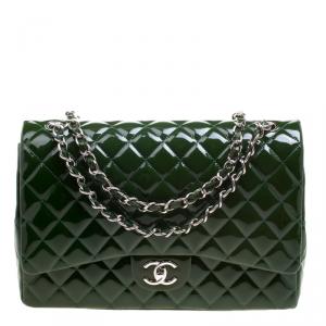 Pre Owned Chanel Green Quilted Patent Leather Maxi Classic Double Flap Bag