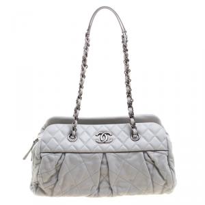 Chanel Grey Quilted Iridescent Leather Chic Quilt Bowling Bag