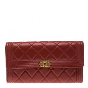 Chanel Red Quilted Leather Large Boy Gusset Flap Wallet