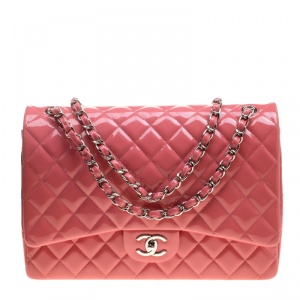 Pre Owned Chanel Pink Quilted Patent Leather Maxi Classic Double Flap Bag
