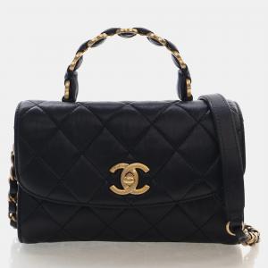 مملوكة مسبقًا Chanel Mini Rectangular Top Handle Flap Black Lambskin Shoulder Bag