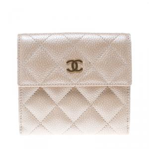 Chanel Beige Clair Quilted Caviar Leather Compact Wallet