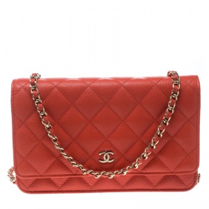 Chanel Coral Orange Caviar Leather Wallet On Chain