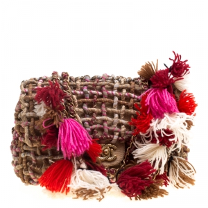 Pre Owned Chanel Beige/Multicolor Fabric and Canvas Pompom Flap Shoulder Bag