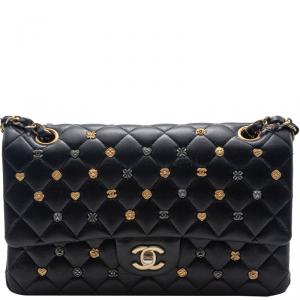 Pre Owned Chanel Black Lambskin Lucky Charm Limited Quilted Flap Bag Medium Size 