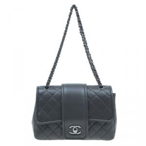 Pre Owned Chanel Dark Grey Lambskin Elementary Chic Flap Bag