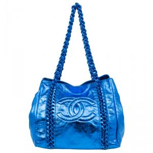 Chanel Metallic Blue Cracked Calfskin Leather Small Modern Chain Tote Bag
