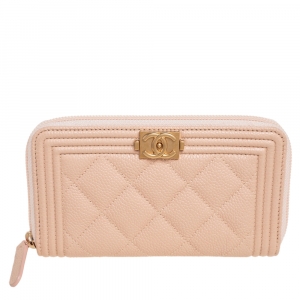 Chanel Beige Quilted Caviar Leather Boy Zip Around Wallet