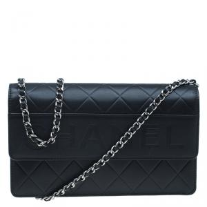Chanel Black Quilted Leather Logo Wallet On Chain