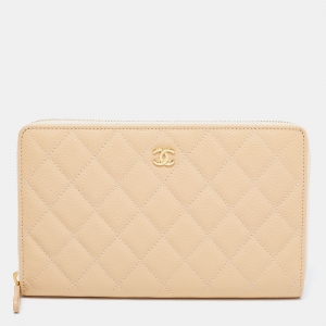 Chanel Beige Quilted Caviar Leather Zip Around Wallet Organizer 