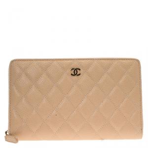 Chanel Beige Quilted Caviar Leather Large Zippy Wallet